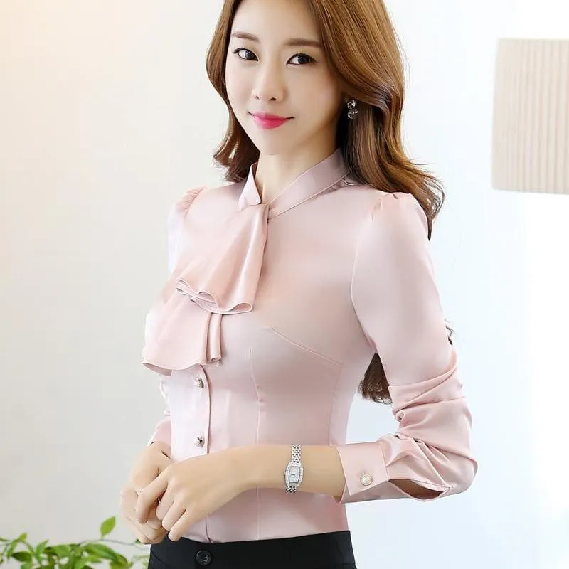 Ruffled Collar Pink Slim Fit Chiffon Shirt Blouse