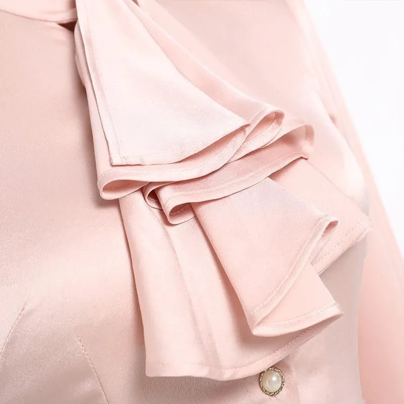 Ruffled Collar Pink Slim Fit Chiffon Shirt Blouse