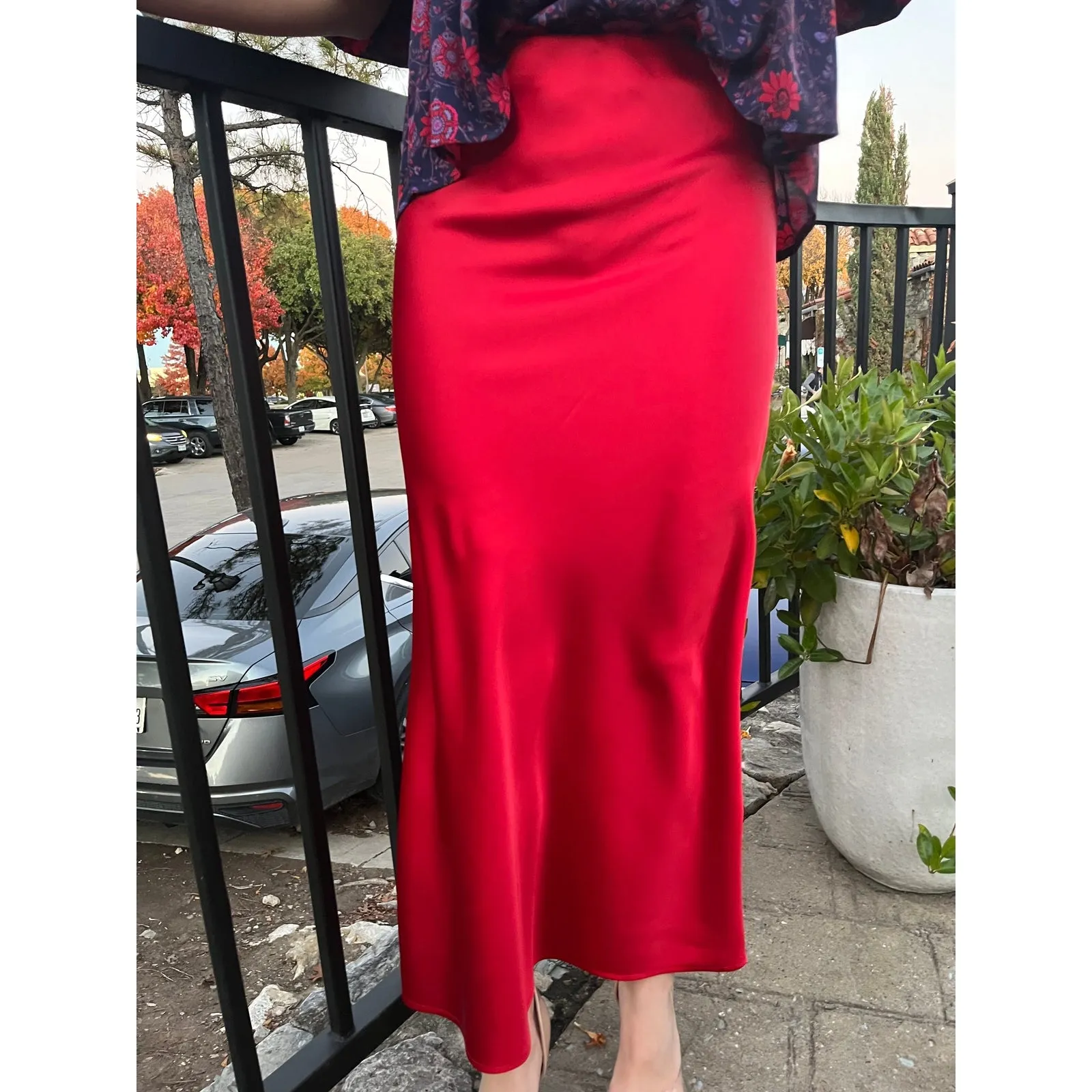 Satin Effect Red Satin Midi Skirt