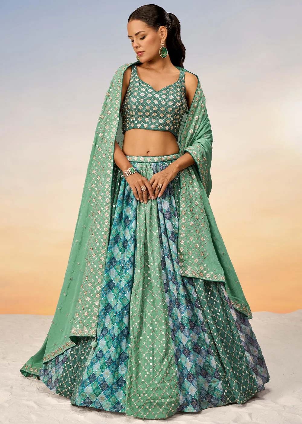 Shades Of Blue & Green Chiffon Lehenga Choli with Sequins work