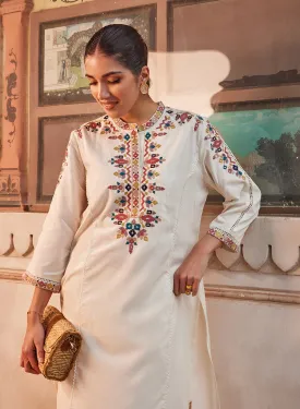 Shyla Ivory Embroidered Cotton Linen Tunic Set for Women