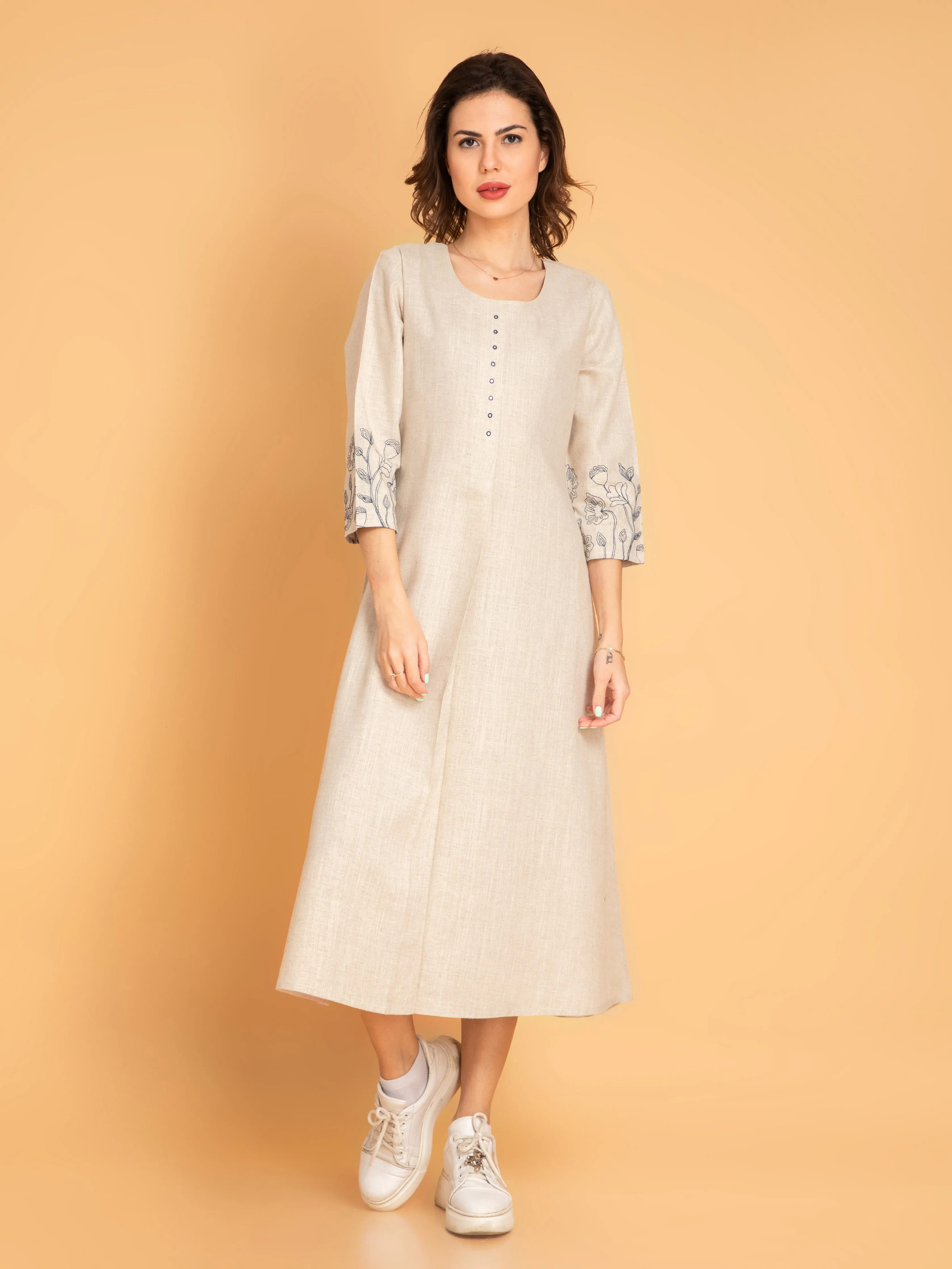 Suti Women Rayon Linen Dress Tunic with Embroidered Sleeves