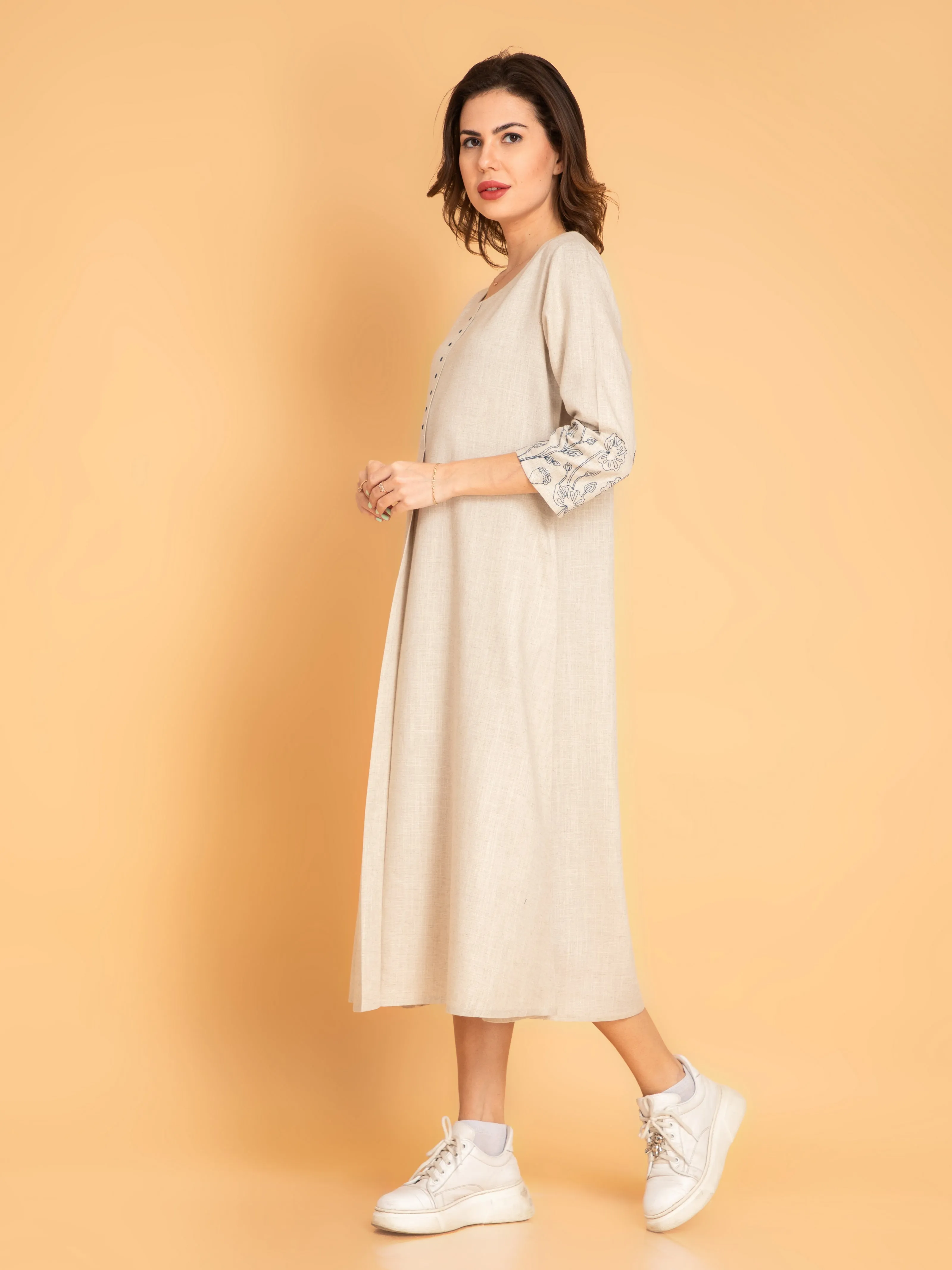 Suti Women Rayon Linen Dress Tunic with Embroidered Sleeves