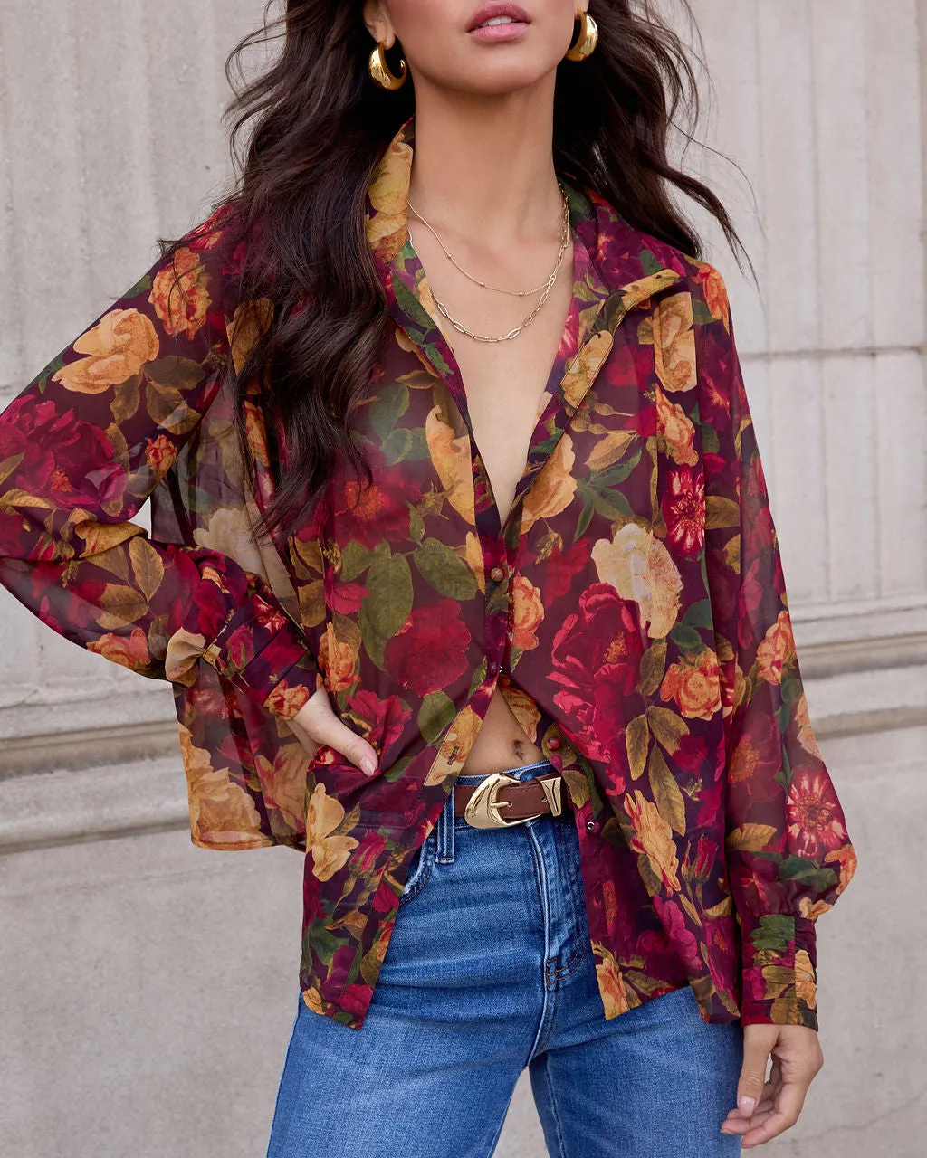 Sweet Maple Floral Mock Neck Blouse