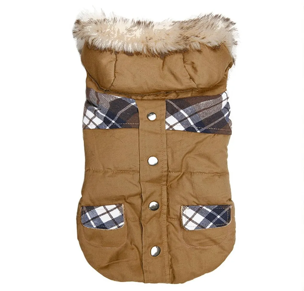 Tan & Tartan Hooded Dog Parka Coat