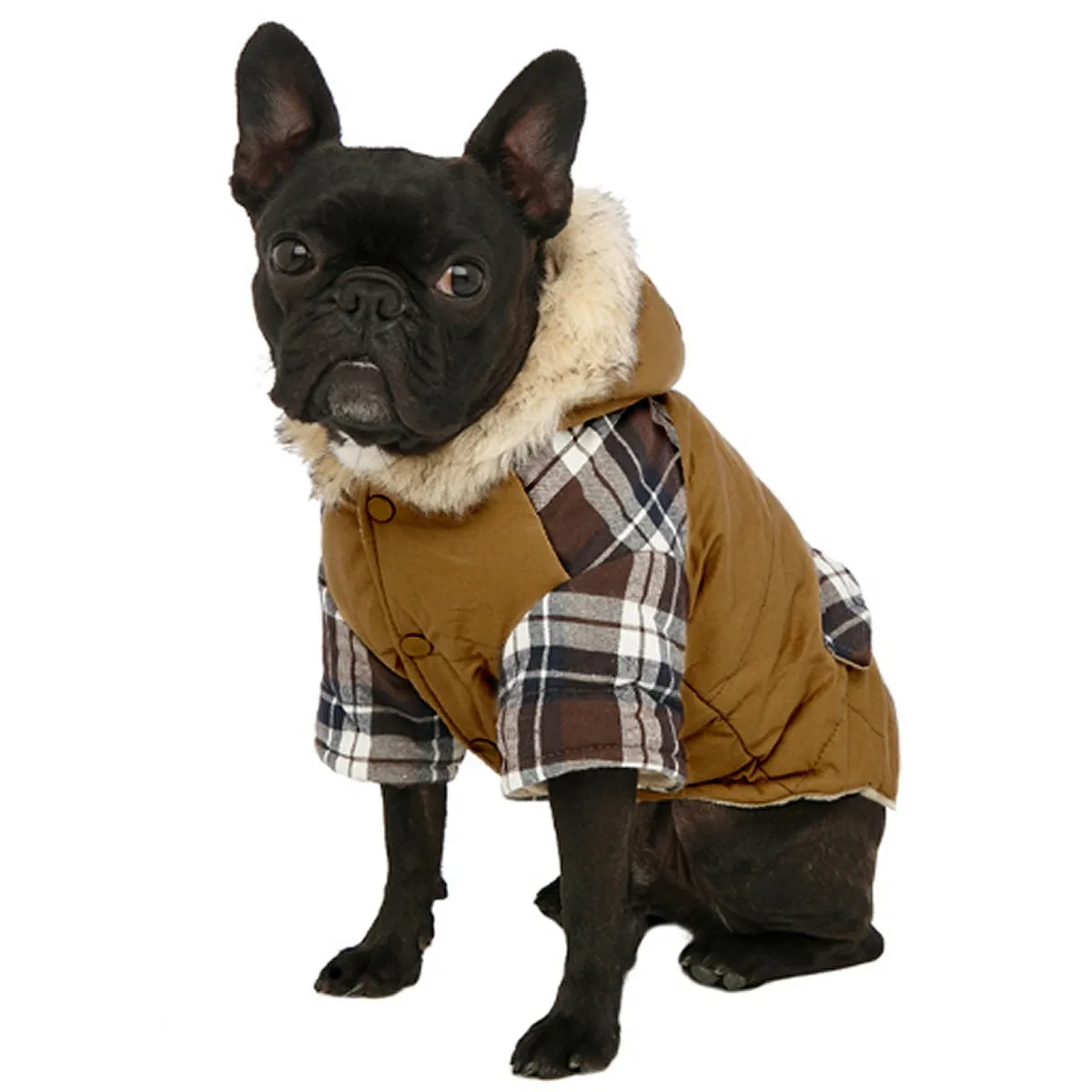 Tan & Tartan Hooded Dog Parka Coat