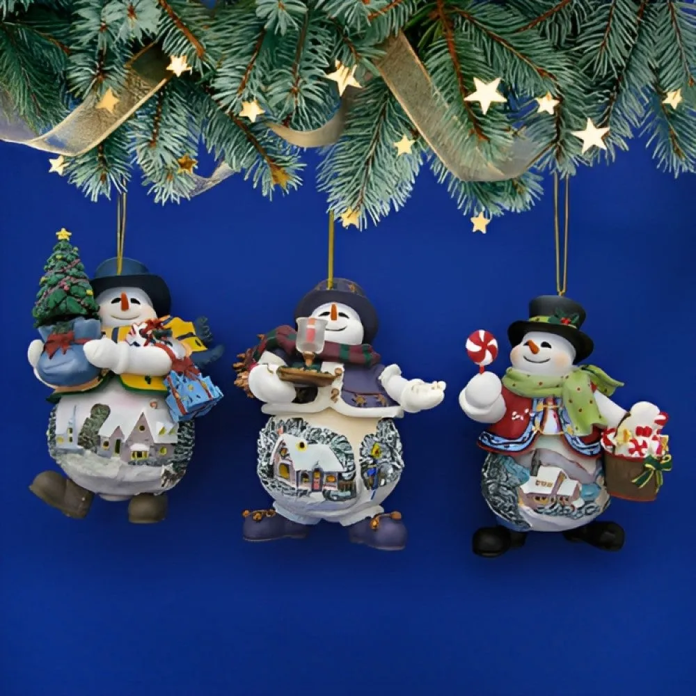 The Ashton-Drake Galleries Memories of Christmas Snowman Ornament Collection Issue #8 Set of 3 Christmas Decoration by Thomas Kinkade 4-inches