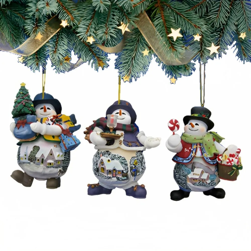 The Ashton-Drake Galleries Memories of Christmas Snowman Ornament Collection Issue #8 Set of 3 Christmas Decoration by Thomas Kinkade 4-inches