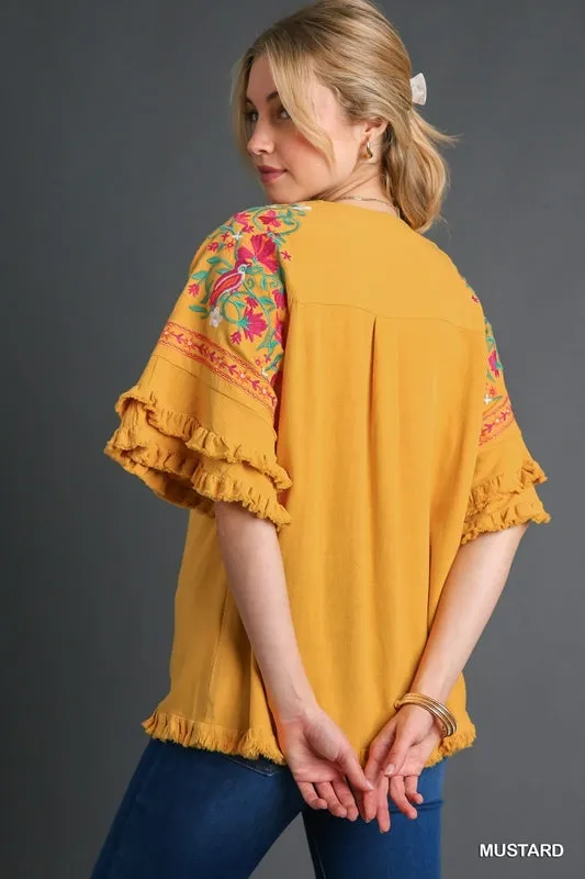 Umgee Embroidered Linen Tiered Sleeve Top - Mustard