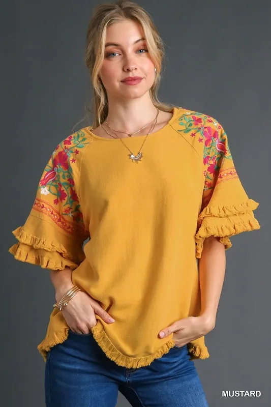 Umgee Embroidered Linen Tiered Sleeve Top - Mustard