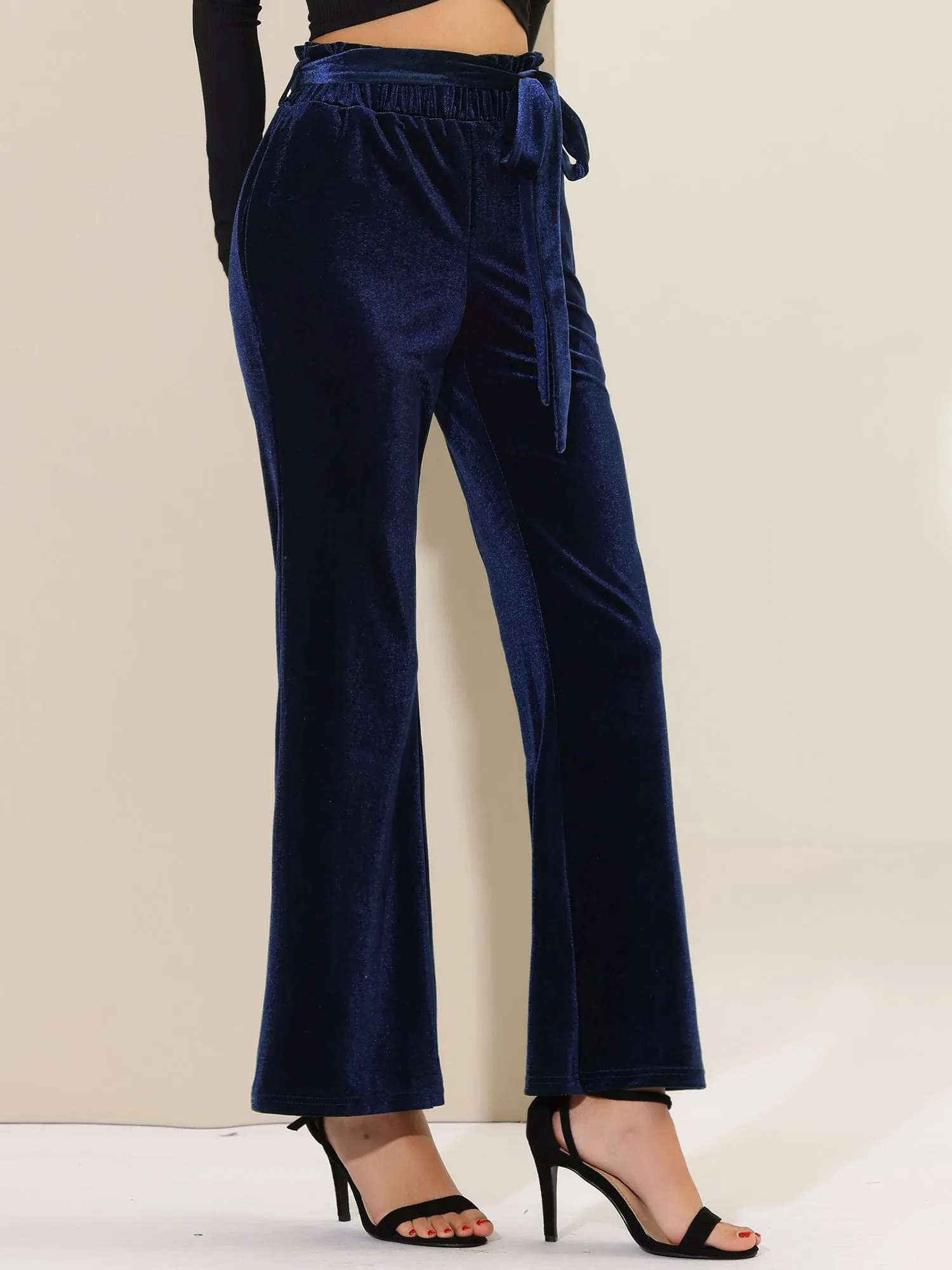 Velvet Tie Waist Pockets Stretchy Wide Leg Pants