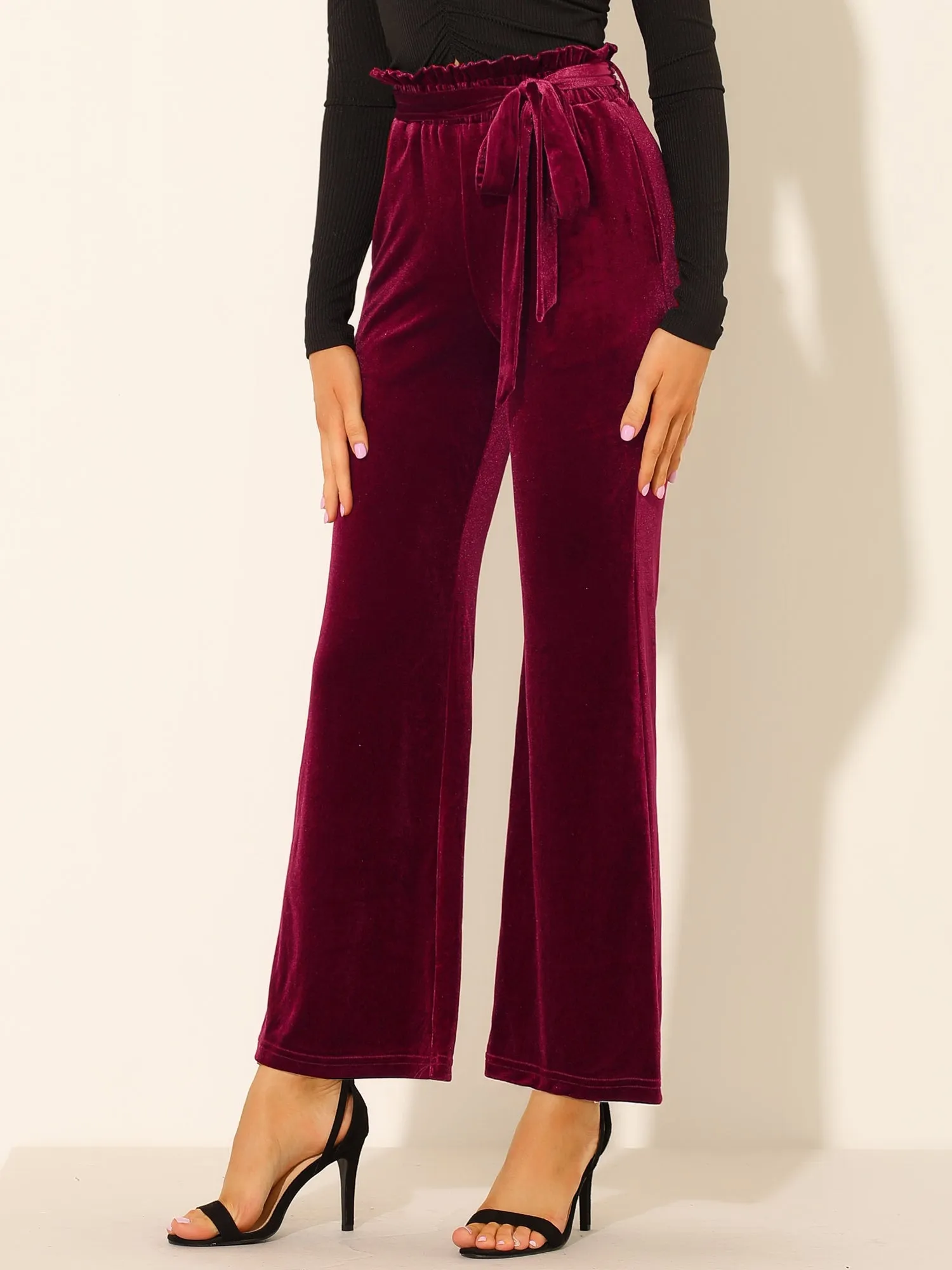 Velvet Tie Waist Pockets Stretchy Wide Leg Pants