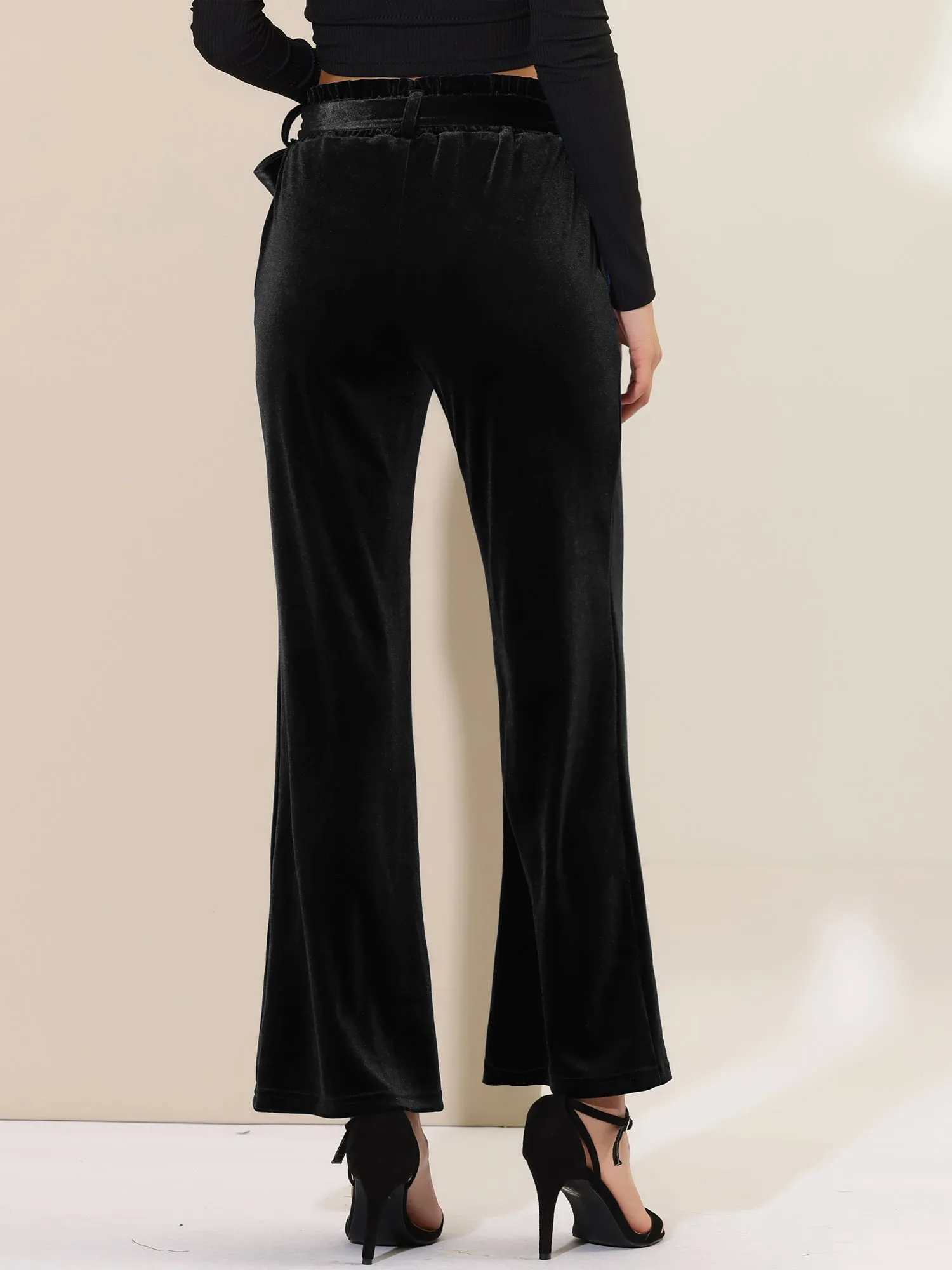 Velvet Tie Waist Pockets Stretchy Wide Leg Pants