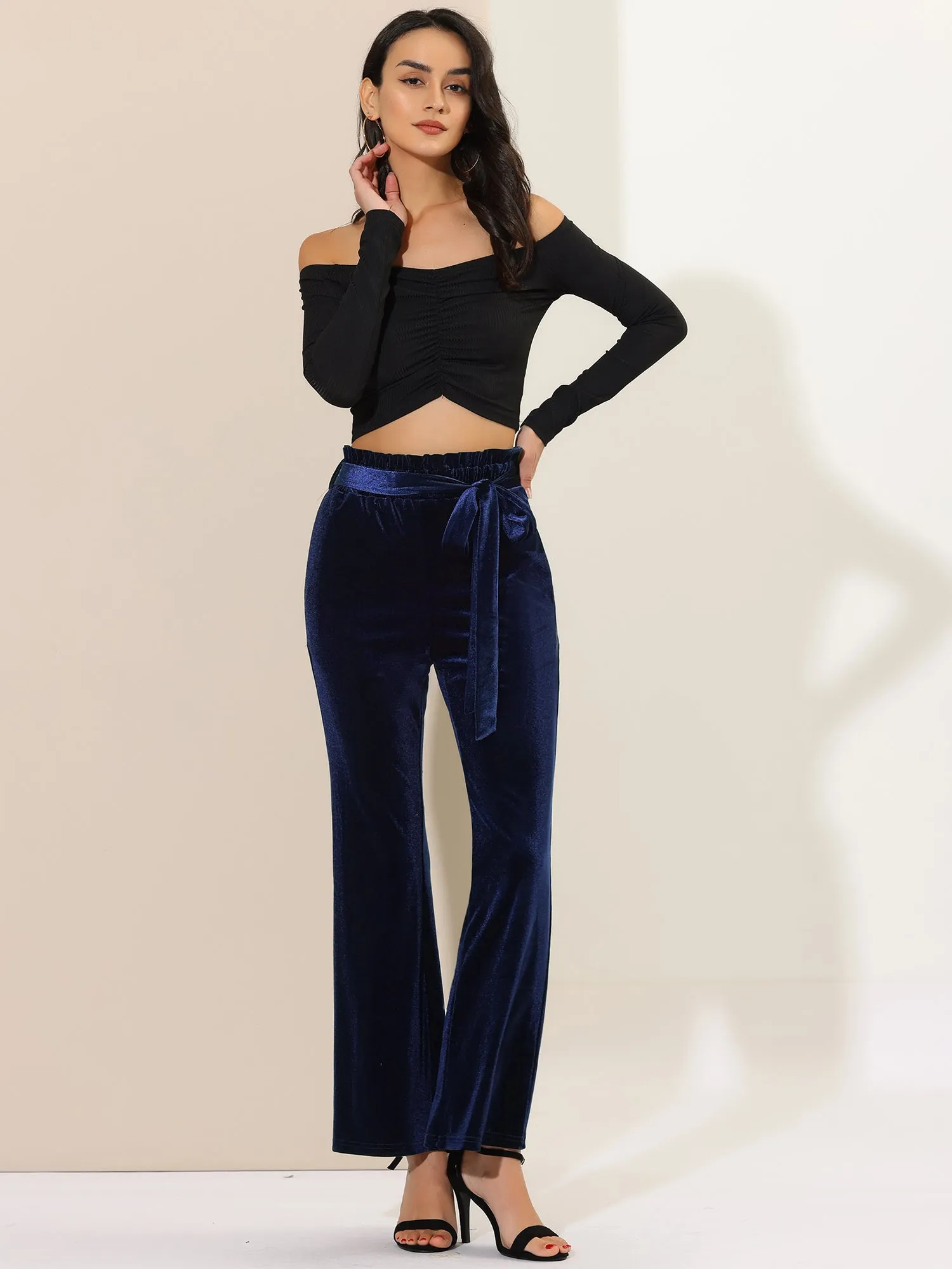 Velvet Tie Waist Pockets Stretchy Wide Leg Pants