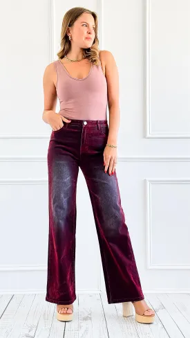 Velvet Wide-Leg Denim Pants - Burgundy