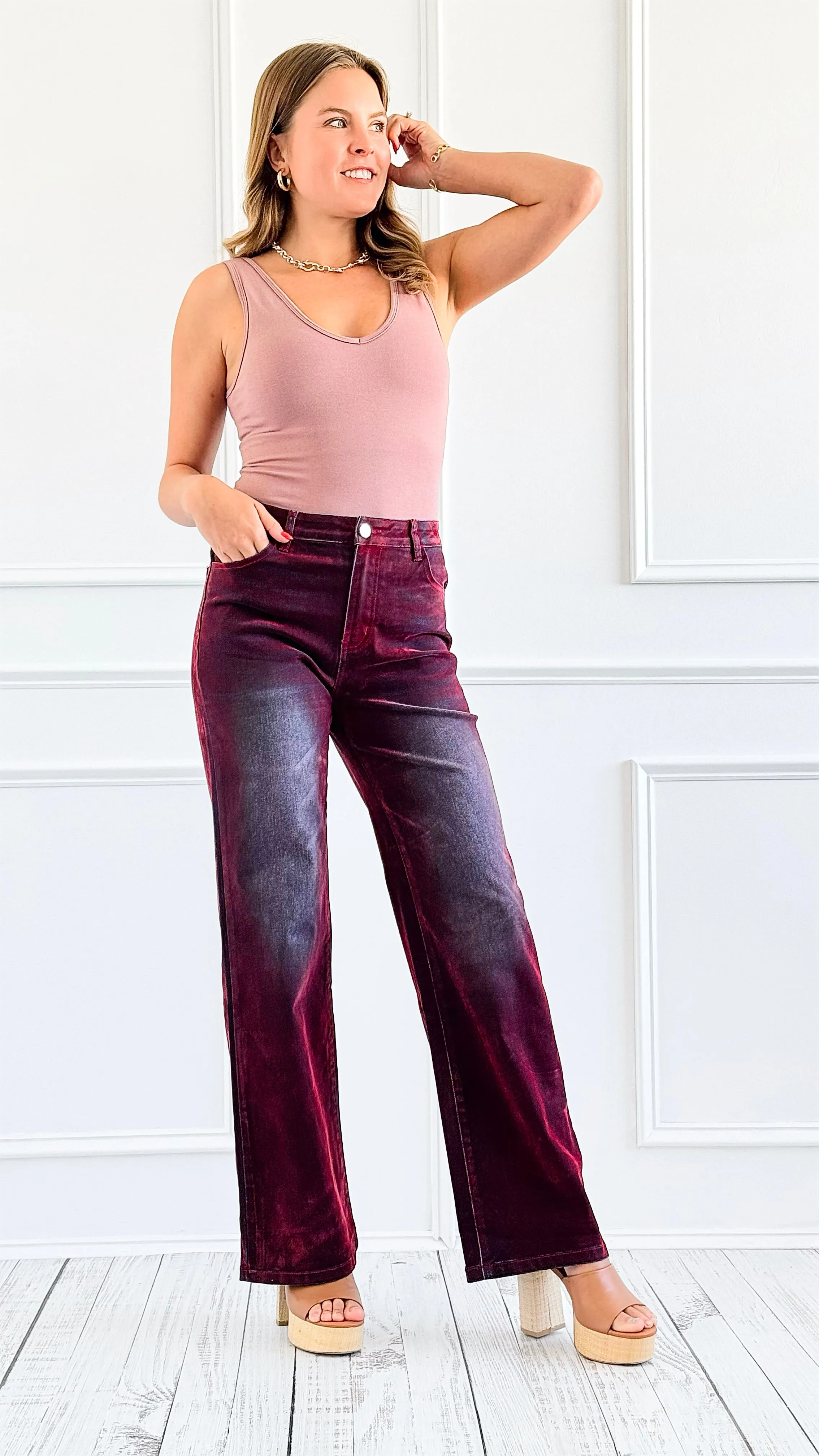 Velvet Wide-Leg Denim Pants - Burgundy