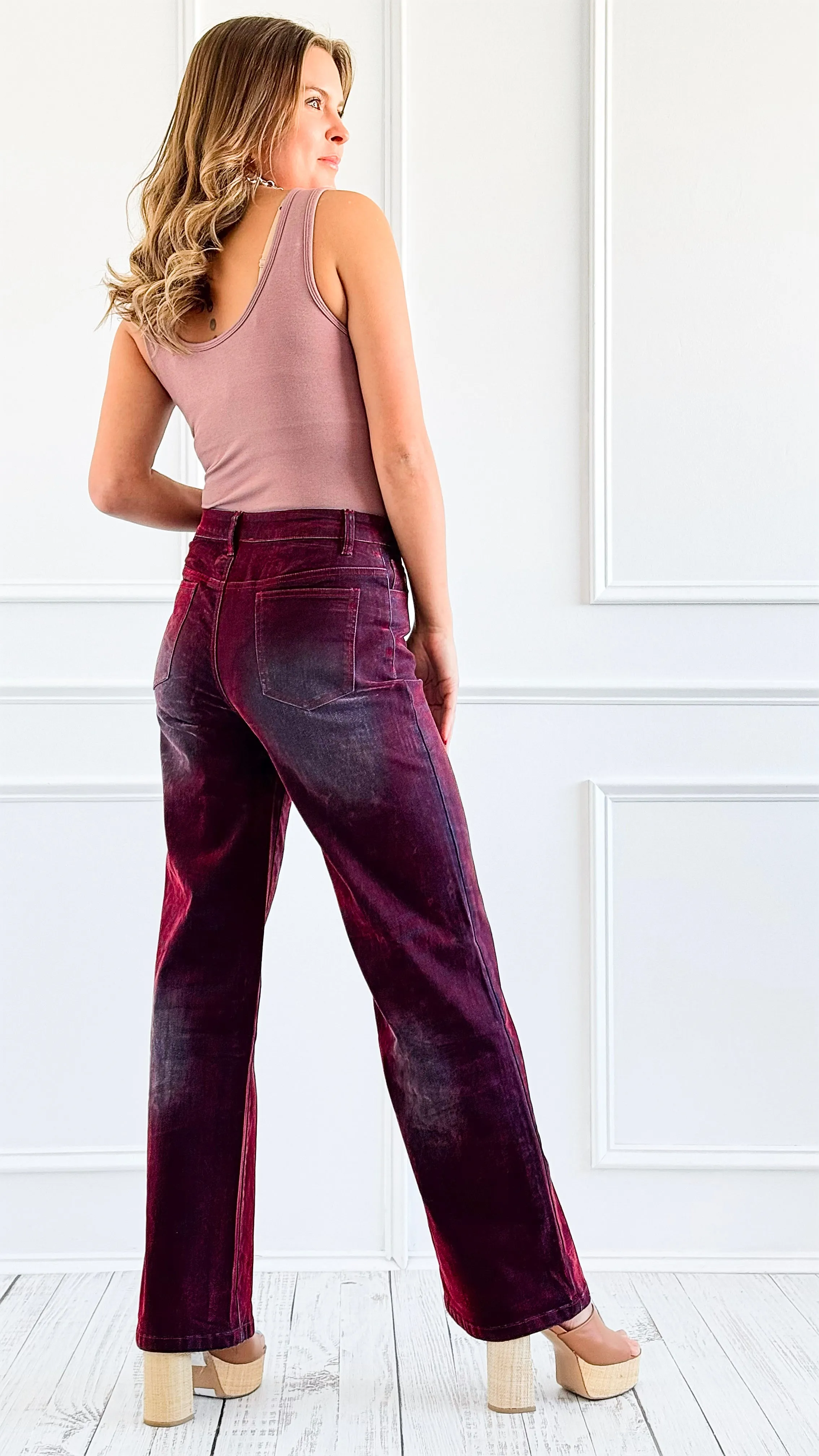 Velvet Wide-Leg Denim Pants - Burgundy