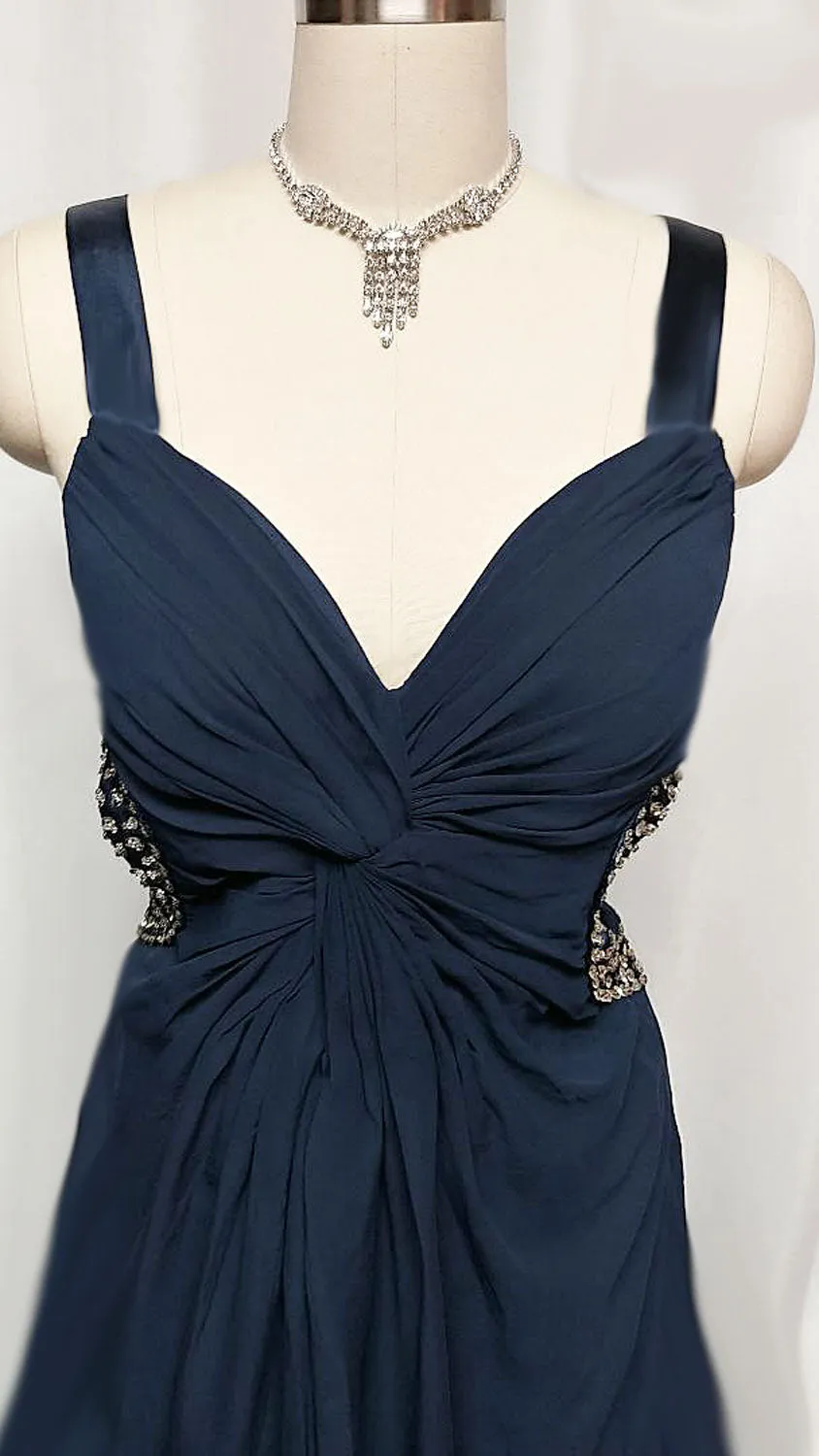 VINTAGE NAVY SEQUIN SIDE CUT OUTS EVENING GOWN WITH A BEAUTIFULS SATIN STRAPPY BACK