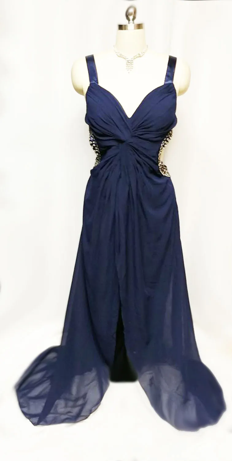 VINTAGE NAVY SEQUIN SIDE CUT OUTS EVENING GOWN WITH A BEAUTIFULS SATIN STRAPPY BACK