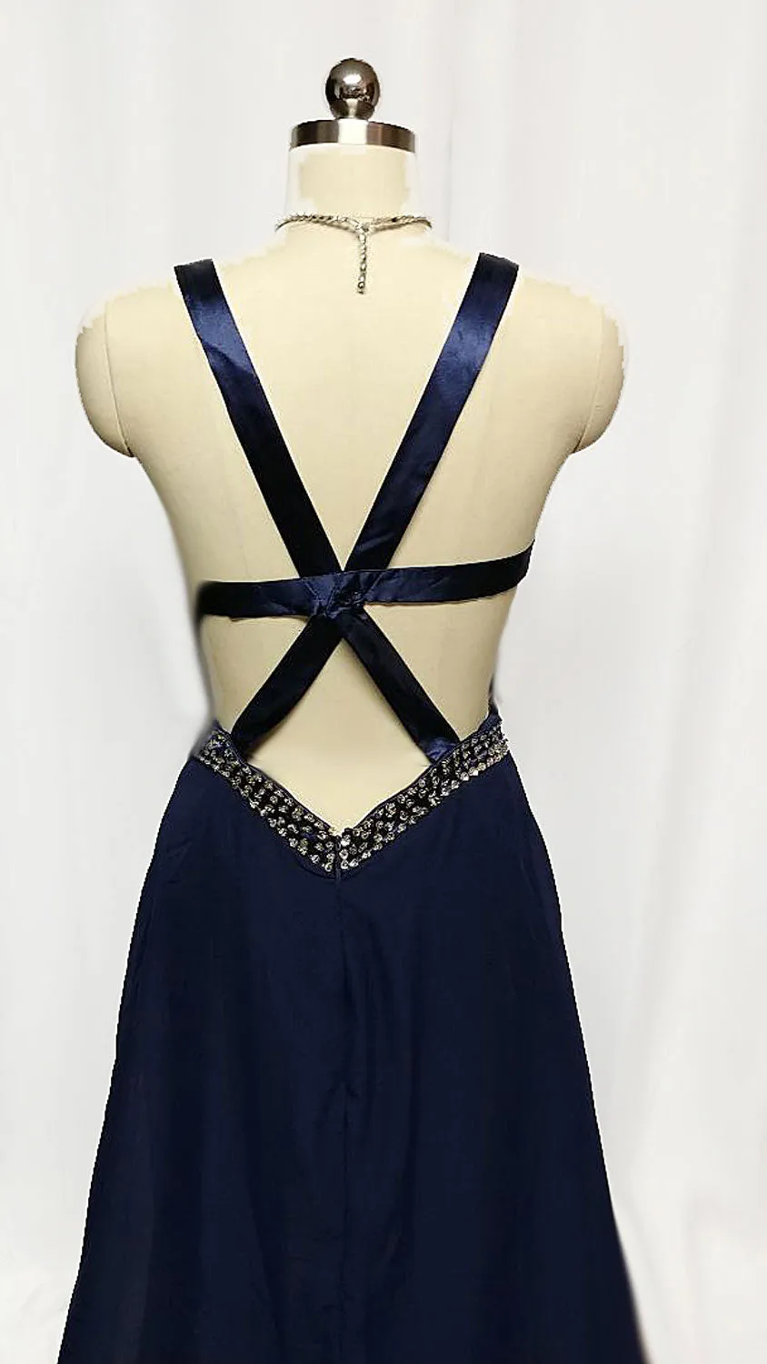 VINTAGE NAVY SEQUIN SIDE CUT OUTS EVENING GOWN WITH A BEAUTIFULS SATIN STRAPPY BACK