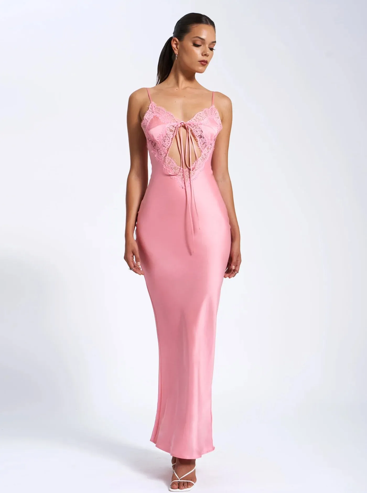 Zinnia Salmon Pink Lace Satin Dress