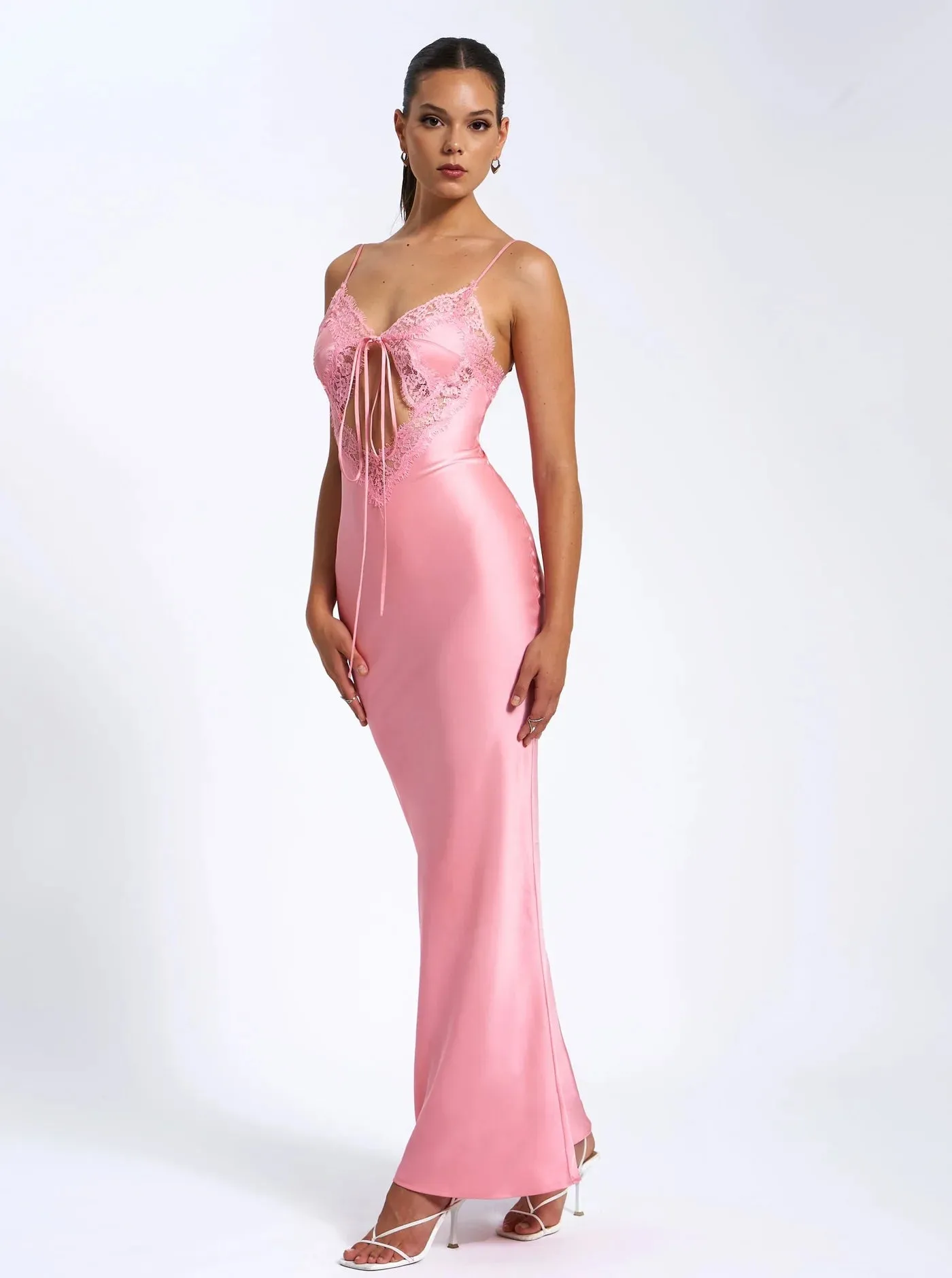 Zinnia Salmon Pink Lace Satin Dress